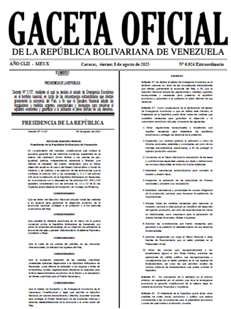 Decreto de Emergencia Económica en Venezuela - La Gaceta Oficial Extraordinaria Nº 6.924, de fecha 08/08/2025